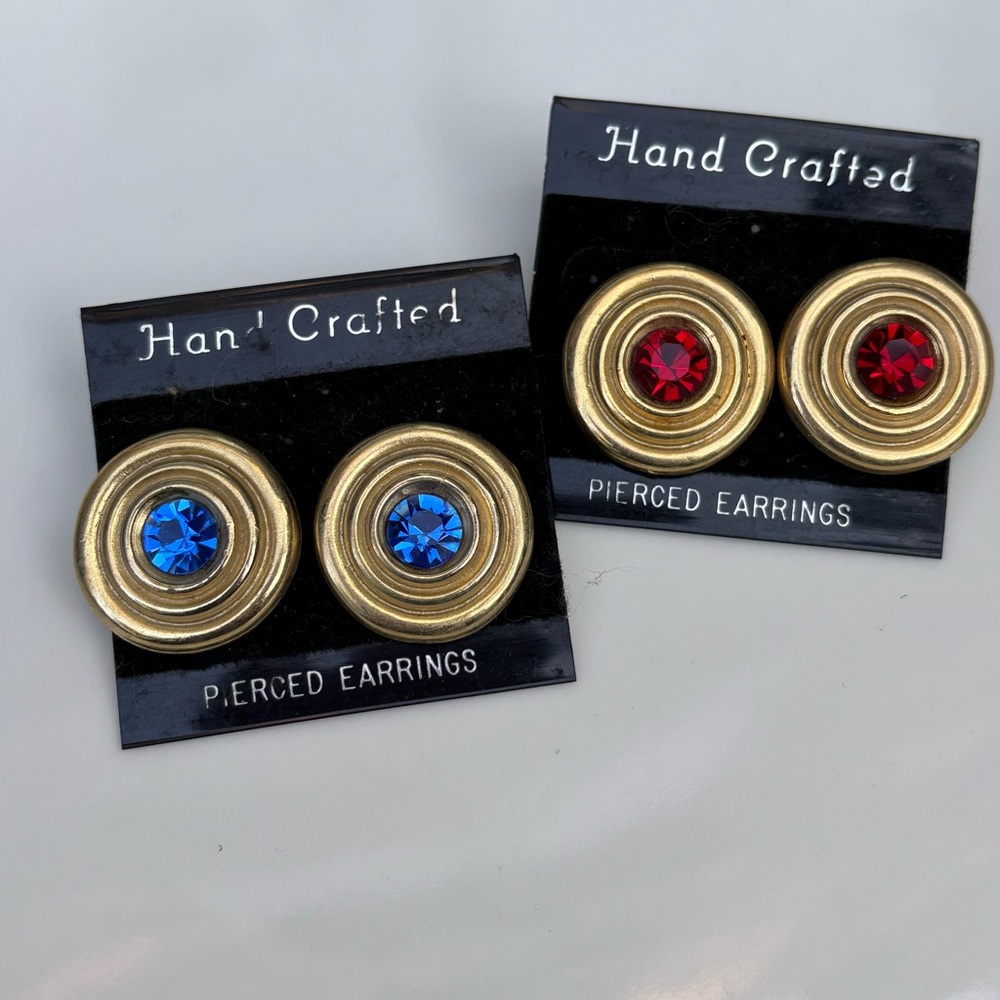 New Vintage 90’s Gold Earrings with Blue and Red Gems /  One Pair Red or Blue